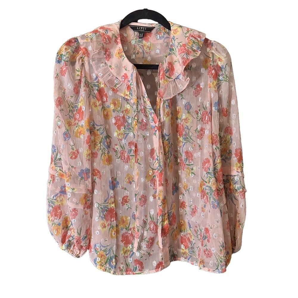 Lipsy Button-Front Multicolour Metallic Floral Top Boho Cottagecore Size 10 - Picture 3 of 14